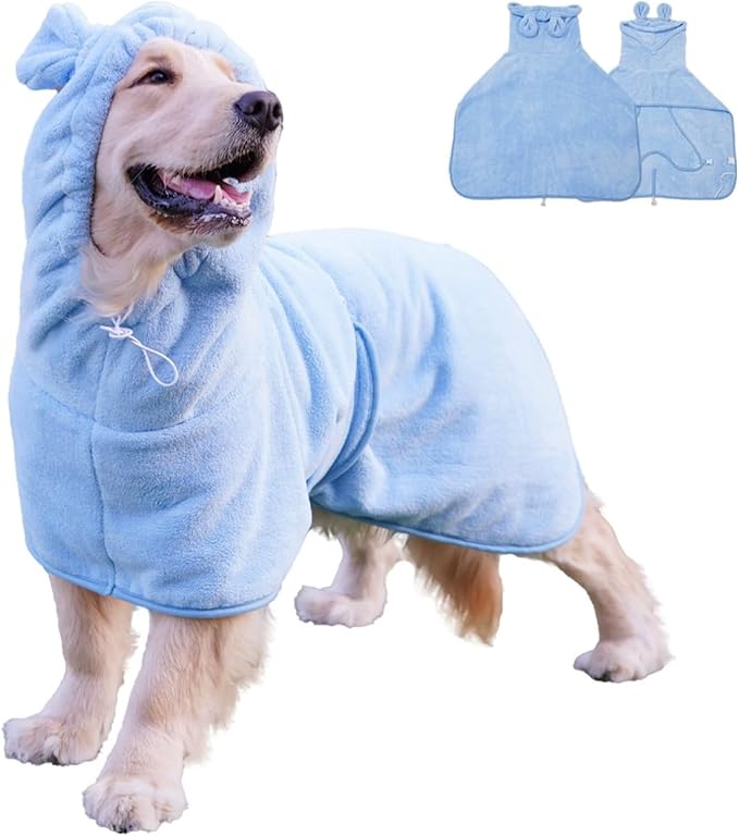 Pet Bathrobe for Dog Cat Absorbently Quick Drying Coat Cute Dogs Bath Towel Hooded Robe Adjustable Collar & Belly Strap for Pool Beach (Blue, Small)