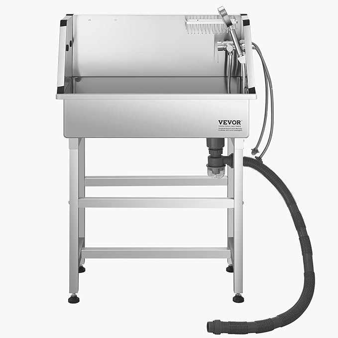VEVOR Professional Dog Washing Station, 34 Inch Stainless Steel Pet Grooming Tub with Hot & Cold Faucet, Showerhead, Storage Rack, No-Bend All-in-One Bathtub, Home Wash Sink, Fits Small Cats and Dogs