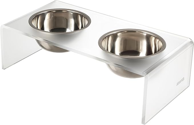 THE LICKER Store DBL2000K Keaton 5" Small/Medium Modern Acrylic Rectangular Elevated Pet Feeder with 20oz 2-Stainless Steel Bowls, Moon White/Chrome