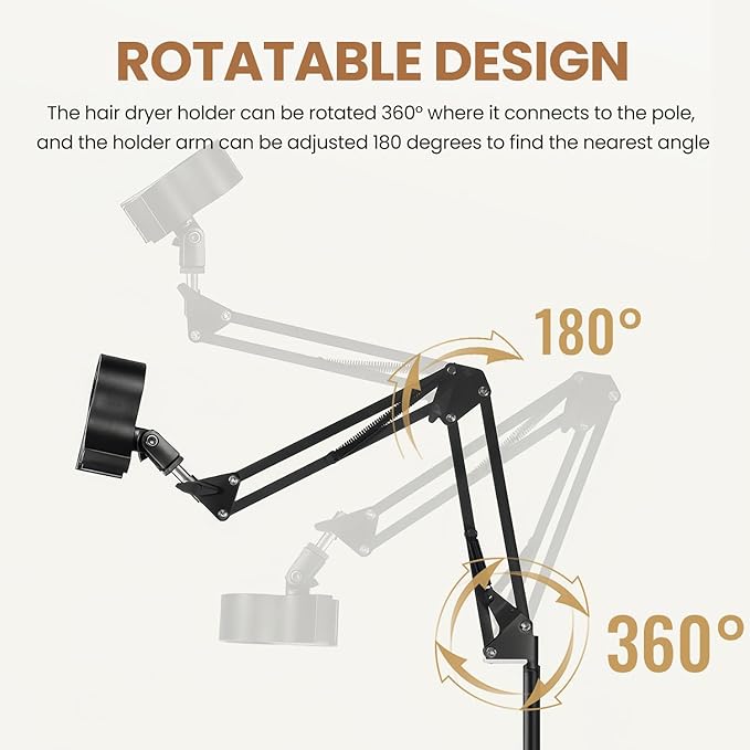 Hands Free Hair Dryer Stand, 67in / 170cm Adjustable Height Hair Dryer Holder with Heavy Base, 360° Rotating Blow Dryer Holder for Bathroom, Makeup Room, Vanity, Salon, Black