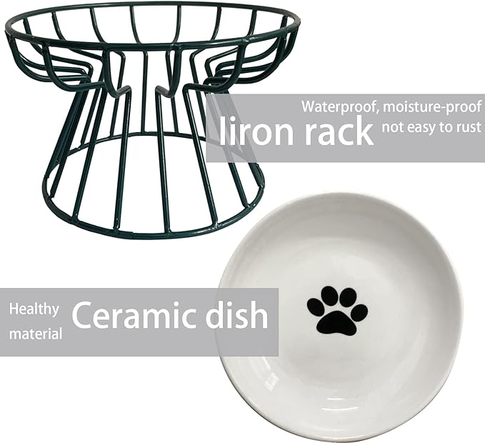 Ceramic Cat Bowls with Metal Stand,Elevated Cat Bowl Raised Kitten Food&Water Feeding Shallow Dish for Indoor Cats,Puppies,Small Dogs(Green)