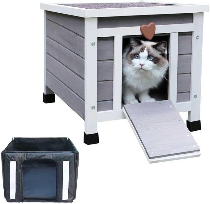 Weatherproof Cat House for Outdoor Cats in Winter, 100% All-Around Insulated Outdoor Cat Shelter with Warm Liner for Outside Feral Cat,Puppy,Rabbit and Small Pets-Grey with Warm Liner