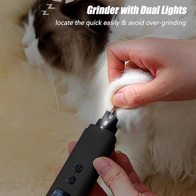 Dog Nail Grinder - 2 Speed Super Quiet and Low Vibration Electric Pet Nail Grinder - Rechargeable Dog Nail Trimmers for Small Dogs- Cat Nail Claw Clippers with 2 LED Lights（Black）