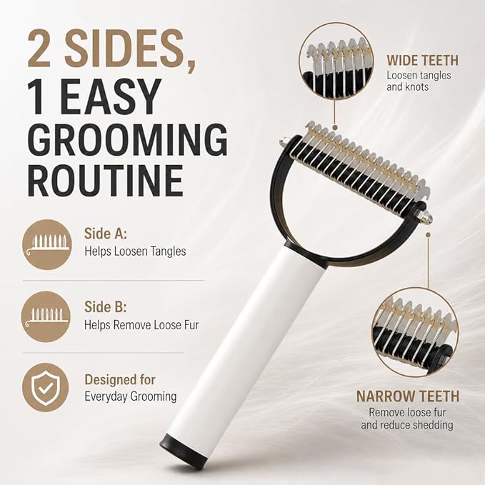 Double Sided Dematting Comb for Cats & Dogs, Gentle Matt Remover Detangler for Tangles, Knots and Loose Fur, Ergonomic Grooming Brush for Long Thick Haired Pets