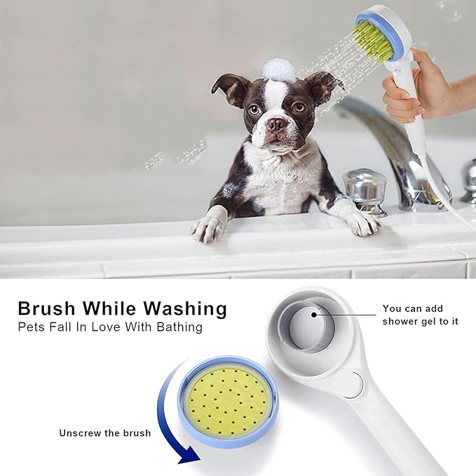 Dog Shower Sprayer 2 - in - 1 Pet Bathing Tool with Silicone Massage Brush and Hose - Gentle Hair Combing, Water Flow Control for Dogs & Cats Grooming and Bathing (Blue)