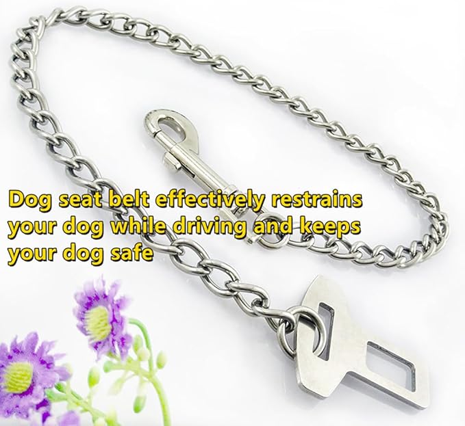 Stainless Steel No chew Dog Car Seat Belt, Stainless Steel Dog Car Seat Belt Vehicle Travel Dog Harness Dog Chain Pet Vehicle Safety Restraint Cable for Puppy Small Medium Large Dogs(60cm)