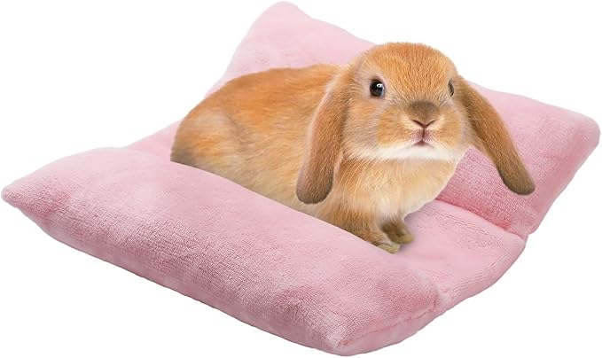 MEWTOGO 14" x 13" Bunny Bed for Rabbit Cage - Thickened Soft Prevent Sore Hocks Plush Mat with Cotton Lounger Pillows, Small Animal Flop Mat for Hutch Sleeping Indoor, Pink