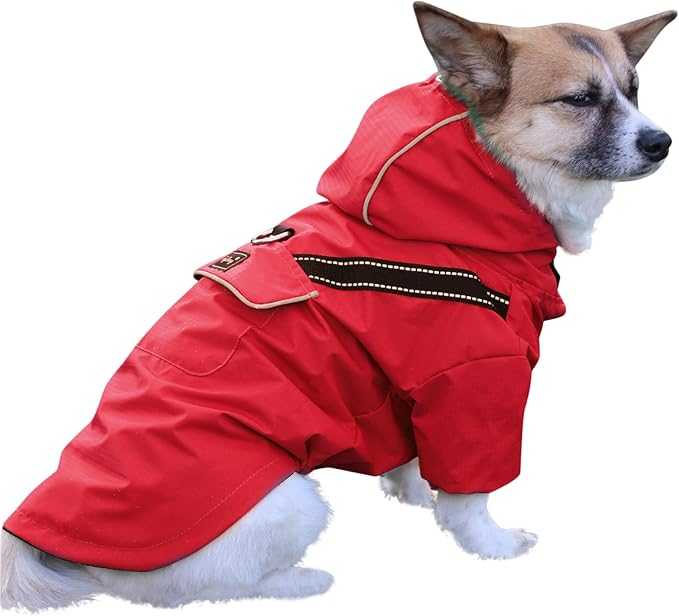 JoyDaog Premium Dog Raincoat with Hood for Medium Dogs,Outdoor Sports Waterproof Doggie Rain Jacket,Puppy Raincoat with Pockets,Red L