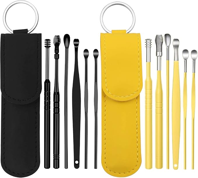 12 Pcs Ear Pick Earwax Removal Kit, Ear Cleaning Tool, Stainless Steel Earwax Removal Tool with Leather Storage Box (Black&Yellow)