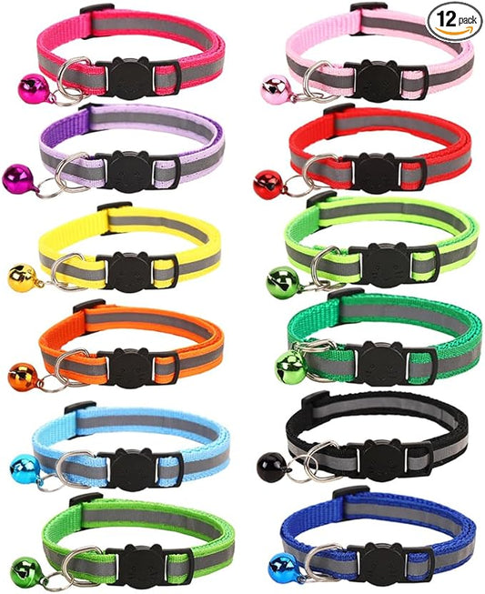 12-Pack Safety Release Reflective Cat Collars with Bell - Breakaway Buckle, Night Visibility, Anti-Hunting Bell - Adjustable Kitten & Adult Cat Collars (12 Multicolor)