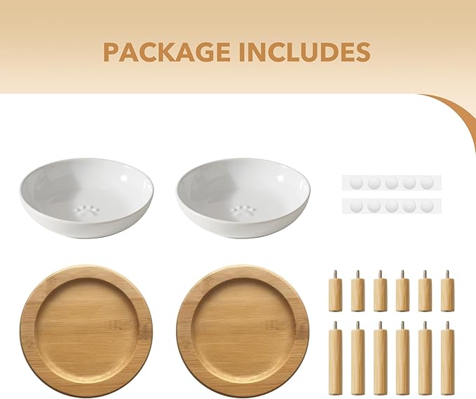 Havniva Elevated Cat Bowls Raised Ceramic Cat Bowl, 5.9” Wide Opening Cat Food Bowl Whisker Friendly Cat Dish Anti-Slip with Bamboo Stand, Shallow Pet Food & Water Bowl for Indoor Cats