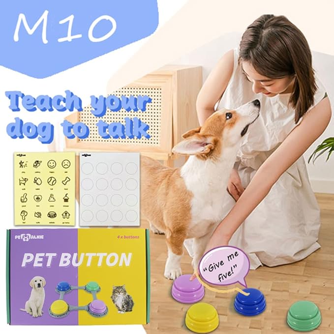 Set of 4 Talking Buttons for Cat and Dog Training, Funny Engravable Voice Command Buttons with Placement Stickers, Colorful and Customizable - Y, G, P, B