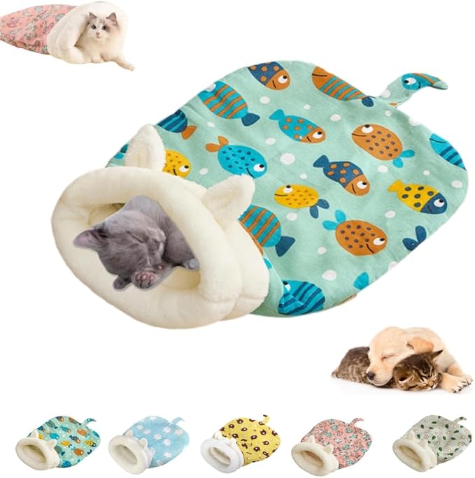 Sleeping Bag for Cats, Cozy Self Warming Cat Sleeping Bag for Indoor Cats, 360° Wrap Cat Hideaways Pet Snuggle Sack for Sleeping Relax Play (Green)