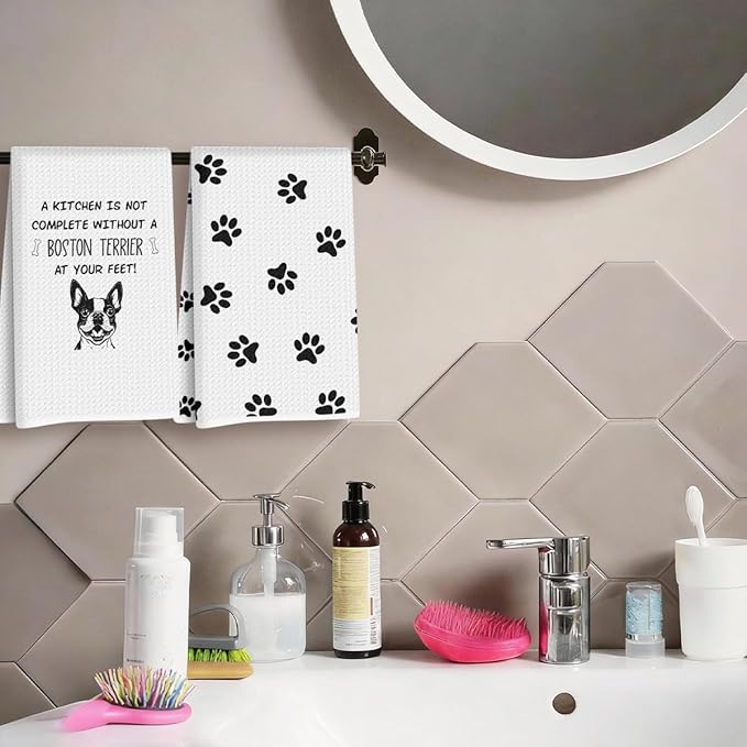 2Pcs Boston Terrier Dog Paw Kitchen Towels 24x14 Inch, Boston Terrier Gifts for Woman Mom, Reusable Waffle Weave Microfiber Absorbent Hand Tea Towels for Kitchen Bathroom Decor, Dog Lovers Gifts