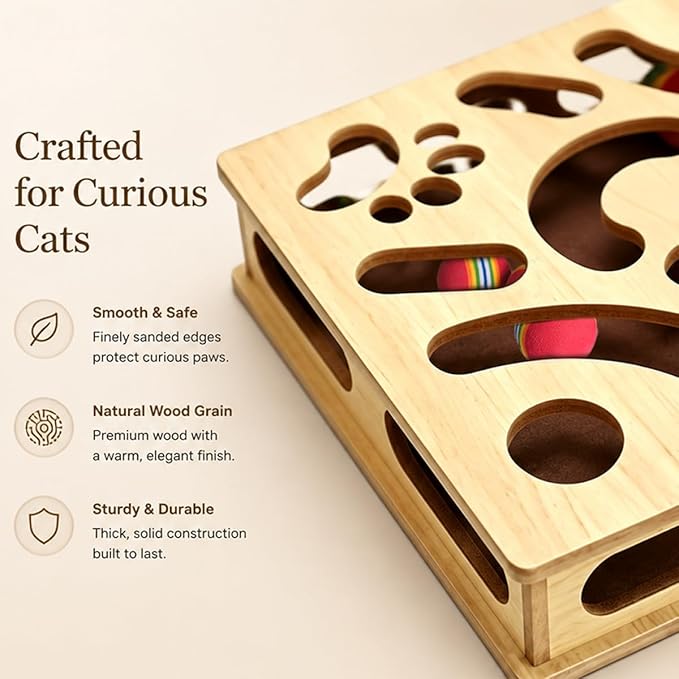 Cat Claw Saver Box （Large）, Solid Wood Construction Cat Nail File Scratcher with Sandpaper Inside, Nail File Box Stress Free Alternative to Clippers and Grinders(Bell Ball)