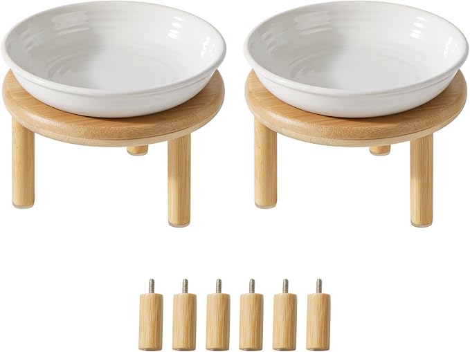 Havniva Elevated Cat Bowls Raised Ceramic Cat Bowl, 5.9” Wide Opening Cat Food Bowl Whisker Friendly Cat Dish Anti-Slip with Bamboo Stand, Shallow Pet Food & Water Bowl for Indoor Cats