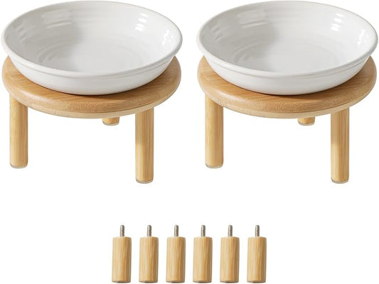 Havniva Elevated Cat Bowls Raised Ceramic Cat Bowl, 5.9” Wide Opening Cat Food Bowl Whisker Friendly Cat Dish Anti-Slip with Bamboo Stand, Shallow Pet Food & Water Bowl for Indoor Cats