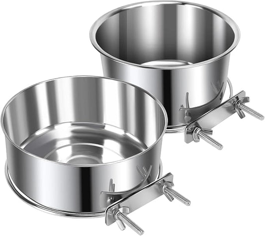 2 Pcs Medium Pet Dog Food Water Bowl for Cage Stainless Steel Non-Spill Kennel Hanging Cats Pets Bowls with Clamp Holder Crate Feeder Dish for Medium Dogs Pets (5.5x3.1'' & 6.3x2.6'')