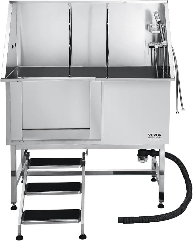 VEVOR Stainless Steel Dog Washing Station, Professional 50 inch Pet Grooming Tub w/Stairs, PE Water Filter Board, Faucet & Showerhead & Soap Holder Bathtub for Large & Medium & Small Pets (Left Door)