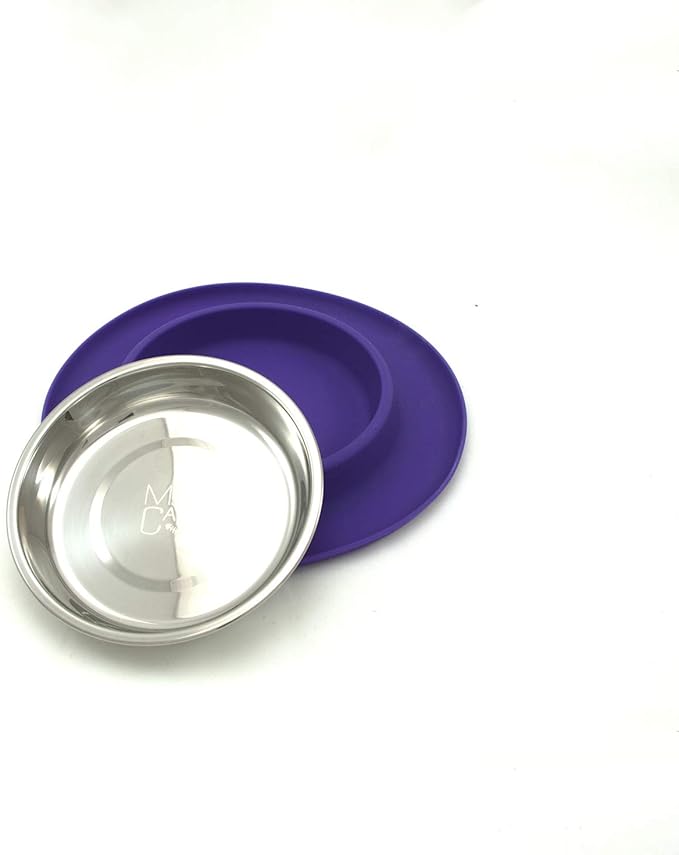 Messy Cats Single Silicone Feeder with Stainless Saucer Shaped Bowl | Anti-Slip Non-Skid Cat Food Bowl | One Cat Bowl in Feeding/Water Station | 1.75 Cups (Purple)