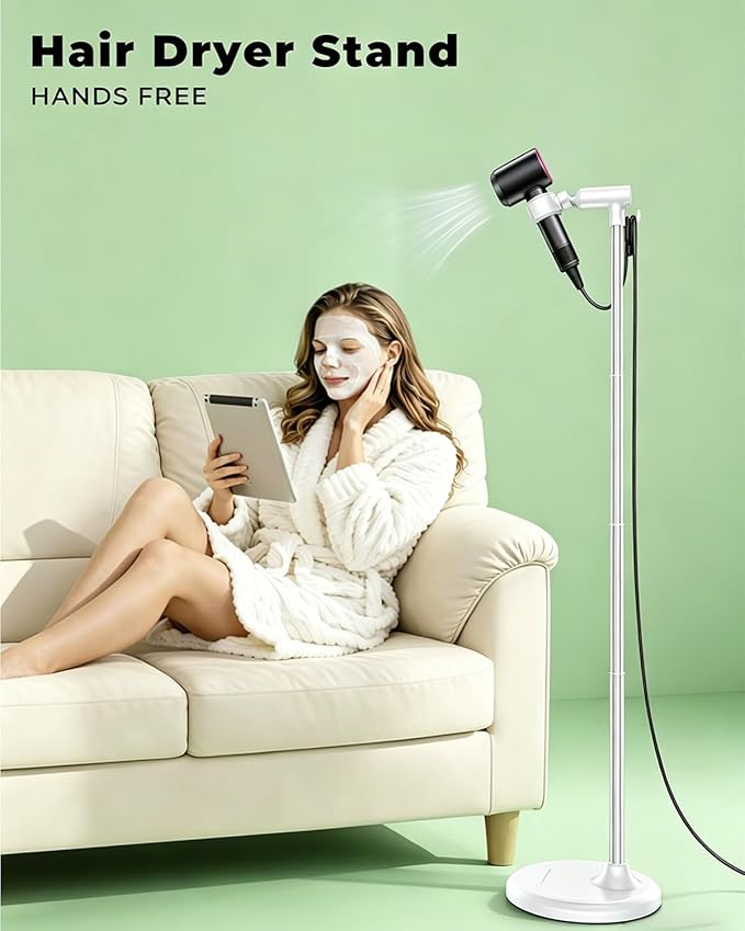 Hair Dryer Stand Hands Free With Anti-Slip Stable Base, Aluminum Alloy ,Adjustable Height 17 - 51 Inch,Blow Dryers Hairdryer Holder for Families & Pet Grooming Bathroom Use Hair Dryer Holder（White）
