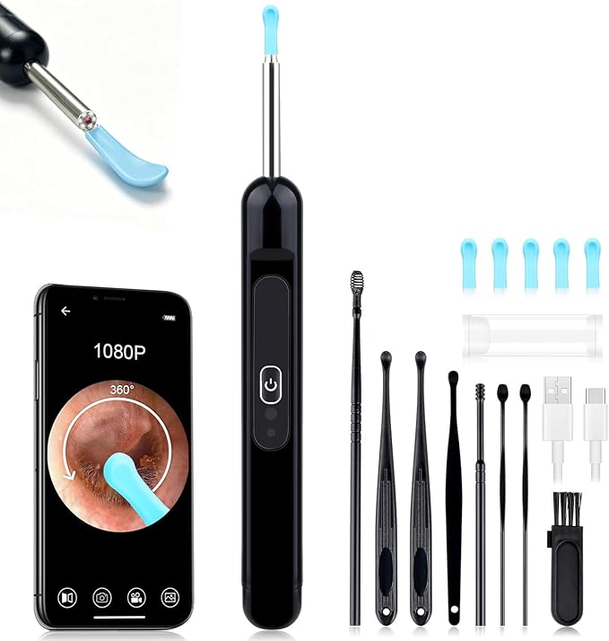 Ear Wax Removal, Ear Cleaner with Camera 1080P HD, Ear Wax Removal Kit Tools with 6 LED Lights/IP67 Waterproof Lens/8 Traditional, Rechargeable Ear Picker Cleaning kit for iOS/Android/Tablet, Black
