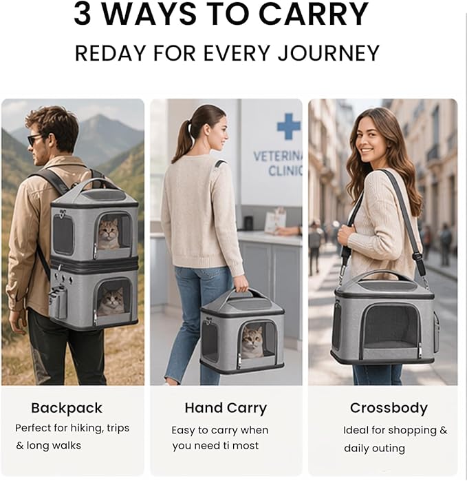 HOVONO Detachable Double Pet Carrier Backpack for Cats and Small Dogs, Cat Travel Carrier for 2 Cats(Up to 16 lbs Each), Perfect for Traveling/Hiking/Camping, Grey