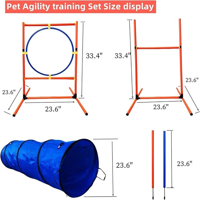 Dog Agility Training Equipment Set, Dog Agility Course Backyard Set Dog Obstacle Course Play Kit with 2 Dog Jump, Hurdle, Blind and Standard Tunnel and Weave Poles for Indoor Outdoor Games