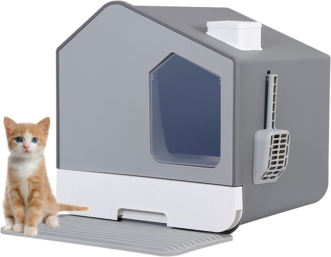 Large Enclosed Cat Litter Box with Mat and Litter Scoop Covered Cat Litter Pan, Odorless Toilet Anti-Splashing Kitty Pan, Gray
