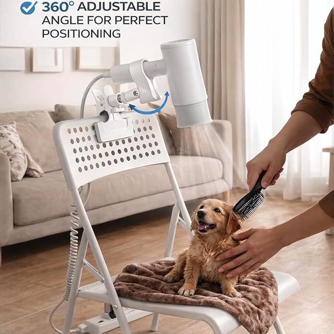 Hands Free Clamp Hair Dryer Holder with Strong Grip, 360° Flexible Gooseneck Blow Dryer Stand, Portable Clip-On Hair Dryer Holder for Styling & Pet Grooming, Table Counter Home Salon, White