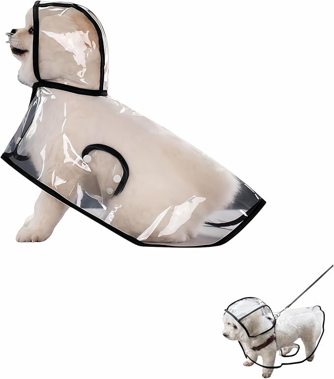 Transparent Dog Rain Poncho for Small Medium Dogs - Thick Waterproof Raincoat with Hidden Leash Hole & Adjustable Snaps, Windproof Hooded Cape for Bichon Poodle (Large)