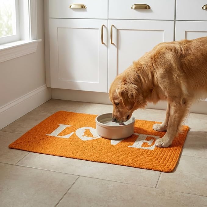 Super Area Rugs Decorative Dog Feeding Mat - 15" x 23" Natural Cotton Pet Bowl Rug, Hand-Woven Water-Absorbent Placemat for Dogs & Puppies (Love/Coral)