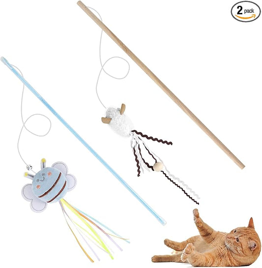 NOWFRESH Cat Wand Toy Set, 2 PCS Interactive Cat Teaser Wands with Cute Bee & Mouse Designs, Equipped with Bells and Streamers to Captivate Your Cat’s Attention