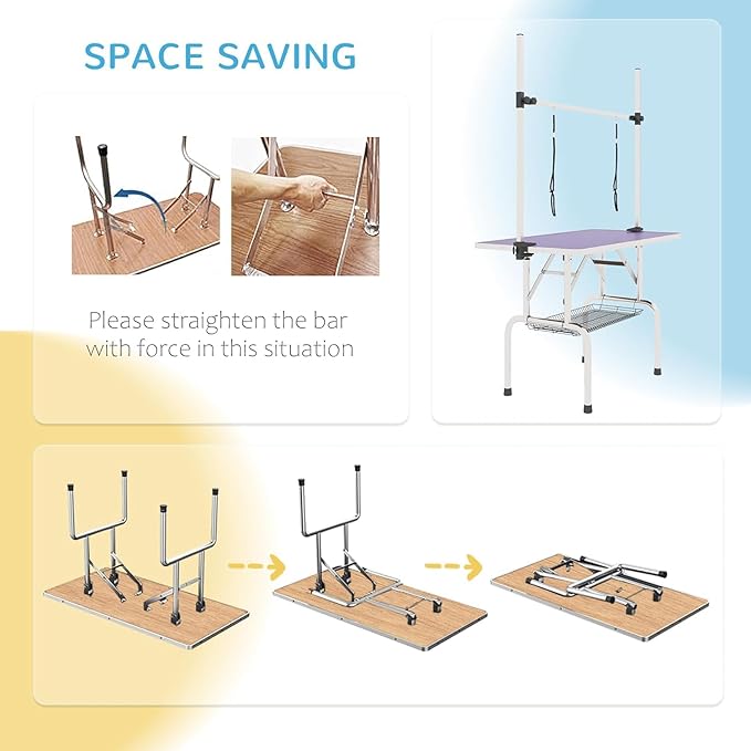 Pet Dog Grooming Table, Foldable Stainless Steel Pet Drying Grooming Table Up to 330lbs, Professional Bathing Desk for Dogs at Home with Adjustable Overhead Arms, Noose, Mesh Tray, 42''/Purple