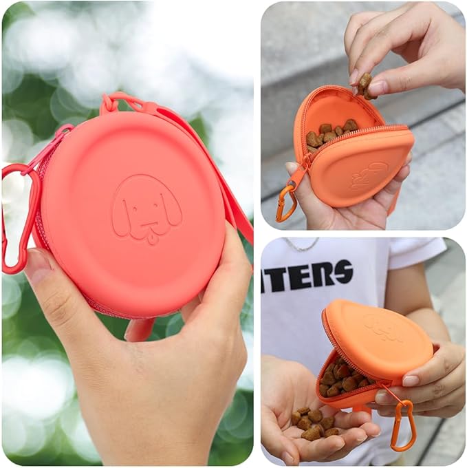 WALLFID Silicone Dog Treat Pouch Small Bag,with Pet Training Clicker,Walking Bag for Dog and Cat, Pocket Size, Easy to Clean, Odorless, Zipper Design,Moisture-Proof,Travel Walking Bag.(Claret)