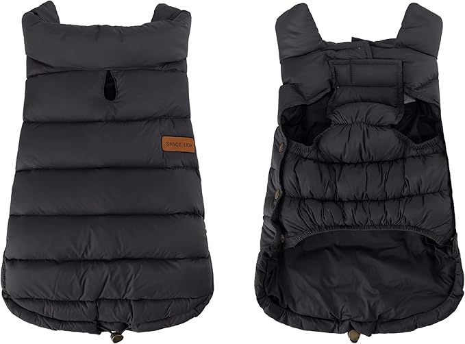 SPACE LION Dog Puffer Jacket, Down Winter Coat, Durable Outdoor Coat for Cold and Windy Conditions, Lightweight & Adjustable Fit Coats for Large Dogs, (Black, Size26/3XL)