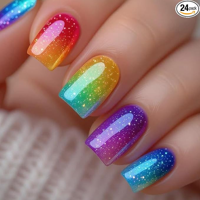 yefiuo Summer Press on Nails Short Square Ombre Purple Blue Fake Nails Press ons Glitter Acrylic False Nails Glue on Nails Reusable Nail Tips Kit Full Cover Stick on Nail Supplies for Women Girl 24Pcs