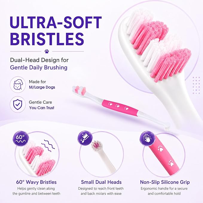 Dog Toothbrush – Newly Upgraded Dual-Head Design with 60° Wavy Bristles – Gently Surrounds Teeth for Deep Cleaning and Plaque Removal – Non-Slip Handle, Ideal for Daily Pet Dental Care (Pink, 2-Pack)