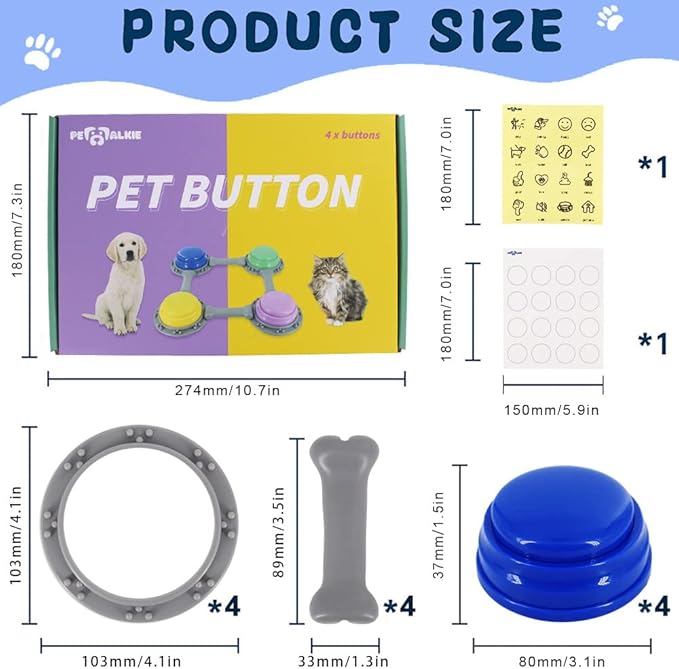 Set of 4 Talking Buttons for Cat and Dog Training, Funny Engravable Voice Command Buttons with Placement Stickers, Colorful and Customizable - Y, G, P, B