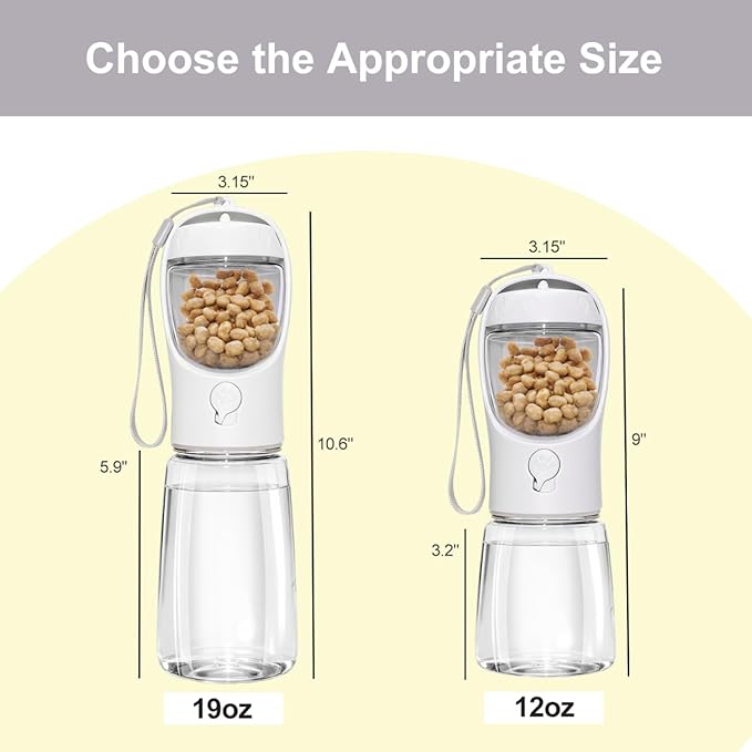 Portable Dog Water Bottle with Food Container, BPA Free Travel Water Bottle for Dogs, 2-in-1 Dispenser Drinking Feeder for Pets Walking, Hiking, Travel, Puppy Essentials, White, 12oz