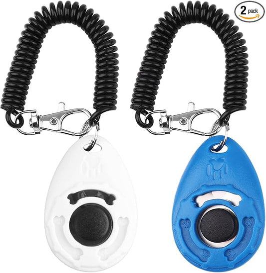 Dog Training Clicker with Wrist Strap - OYEFLY Durable Lightweight Easy to Use, Pet Training Clicker for Cats Puppy Birds Horses. Perfect for Behavioral Training 2-Pack (Blue and White)
