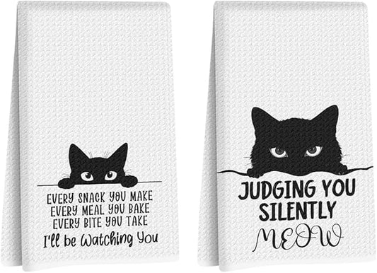 Hanamiya Na 2Pcs Funny Cat Kitchen Towels 24x14 Inch, Reusable Durable Microfiber Dish Towel, Funny Quotes Tea Towels for Kitchen Home Bathroom Farmhouse Decor, Cat Gifts for Women Mom Friend