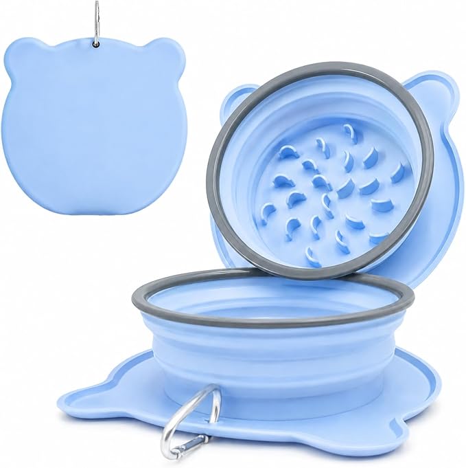 Collapsible Dog Bowls, 2-in-1 Silicone Pet Food and Water Bowl with Carabiner - Portable Double Compartment Travel Dish for Dogs, Ideal for Camping, Hiking (Light Blue)