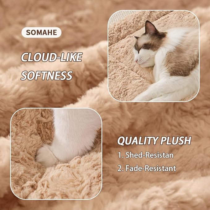 SOMAHE Self Warming Cat Bed Mat, Washable Self Heating Cat Mat, Extra Warm Thermal Pet Pad with Non-Slip Bottom, Soft Plush Faux Fur for Indoor Pet Sleep Cushion, 23x15 Inch Latte