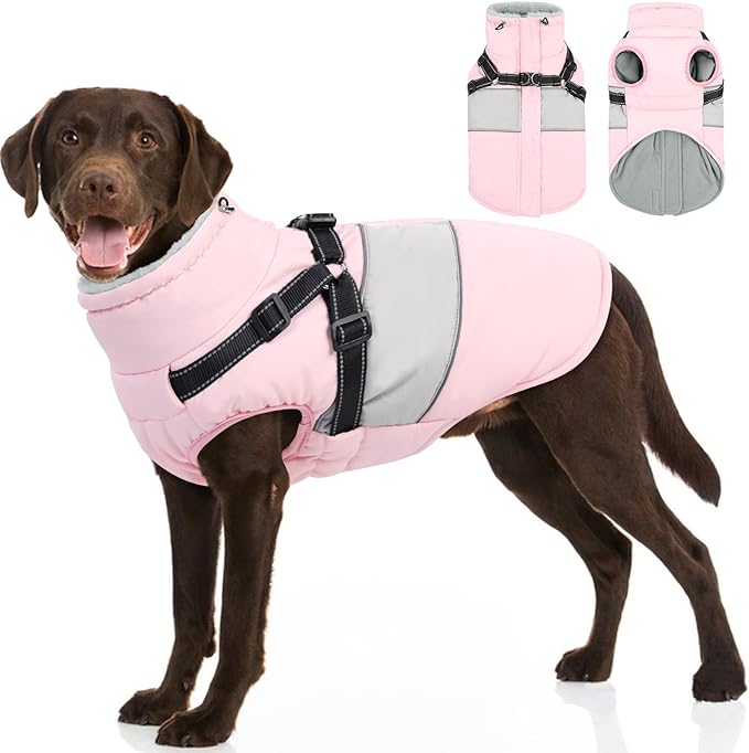 Dog Coat for Large Dogs, Warm Pet Jacket Winter with Harness Built in, Waterproof Pet Snow Jacket with Furry Collar, Reflective Fleece Snowsuit for Extra Large Dogs, Pink XL