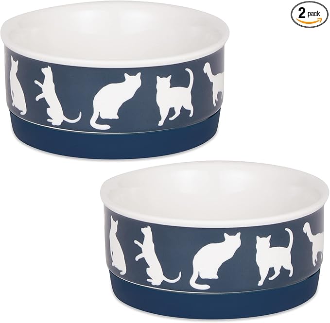 Bone Dry Ceramic Cat Bowls, Microwave & Dishwasher Safe, Small Set, 4.25x2, Navy, 2 Count
