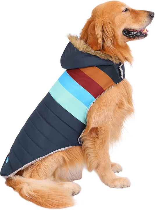HDE Dog Puffer Jacket Fleece Lined Warm Dog Parka Winter Coat with Harness Hole Navy Retro Stripe - XXL