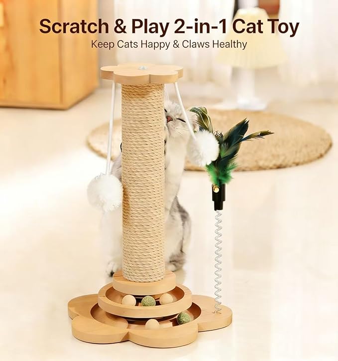 Cat Scratching Post, cat scratchers for Indoor Cats Natural Sisal Scratcher with 2-Level Trackball & 2 Hanging Balls, Sturdy cat Scratching Post 4-in-1 Interactive Kitten Toy for Indoor Cats