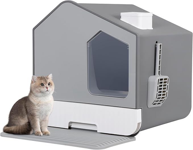 Large Enclosed Cat Litter Box with Mat and Litter Scoop Covered Cat Litter Pan, Odorless Toilet Anti-Splashing Kitty Pan, Gray
