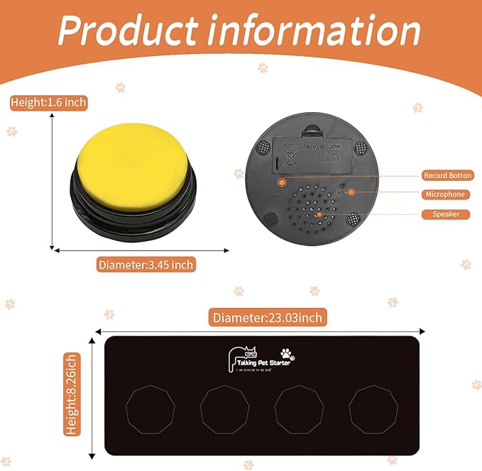 4-Piece Dog Talking Button Set, Dog Button for Communication, 30-Second Recordable Voice Pet Buzzer Training Button, Dog Button with Waterproof Non-Slip Pad and 50 Dog Training Stickers